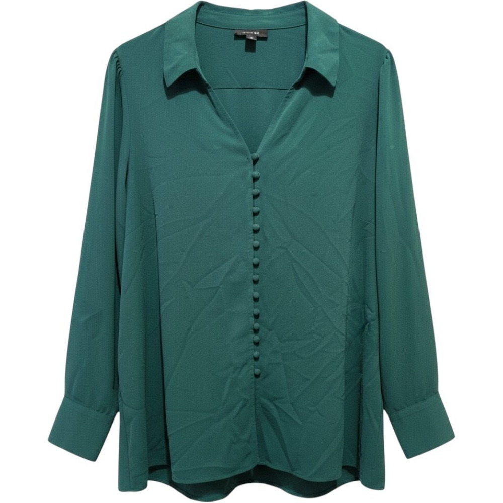 PLUS 2X ALFANI v neck button front collared long sleeve blouse deep green silky